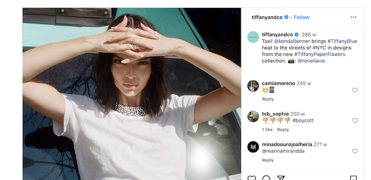 Screenshot of Kendall Jenner on Instagram for Tiffany 
