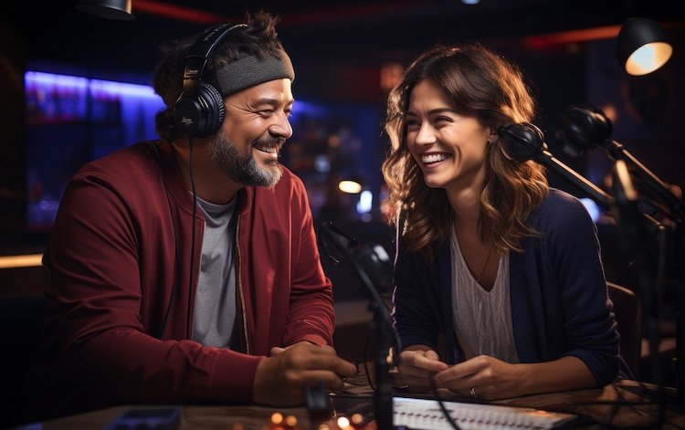 Man and woman with mics and headphones