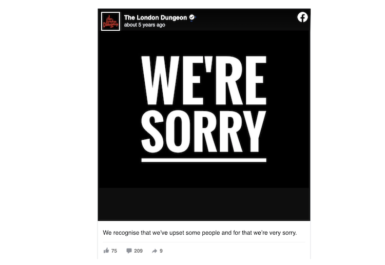 Image of a tweet saying 'we're sorry'