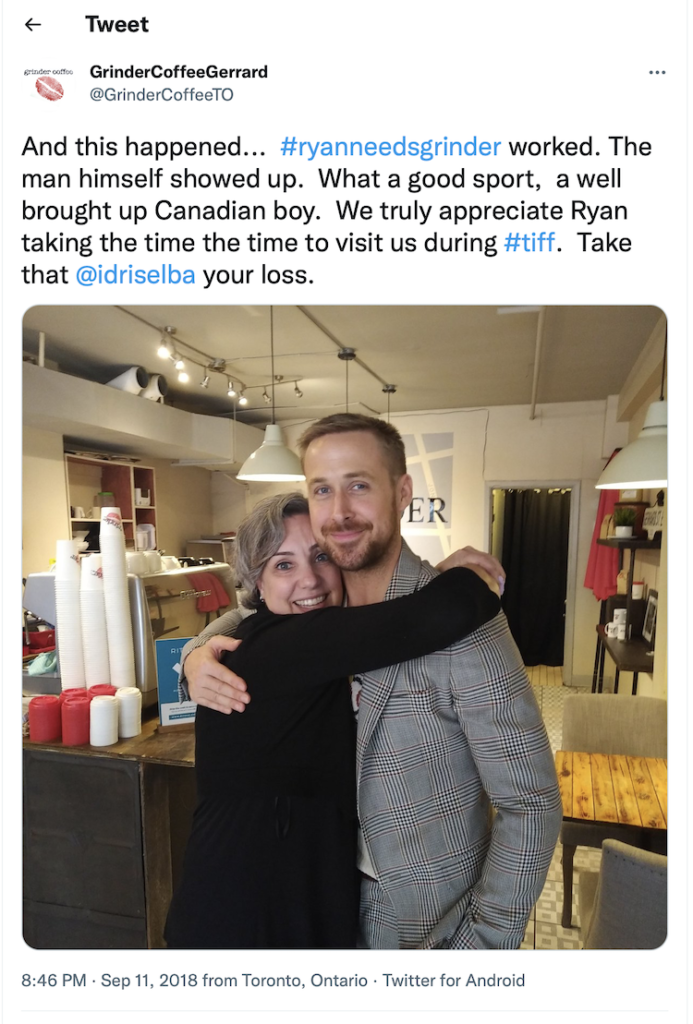 Ryan Gosling at Grinder Coffee in Canada on Twitter