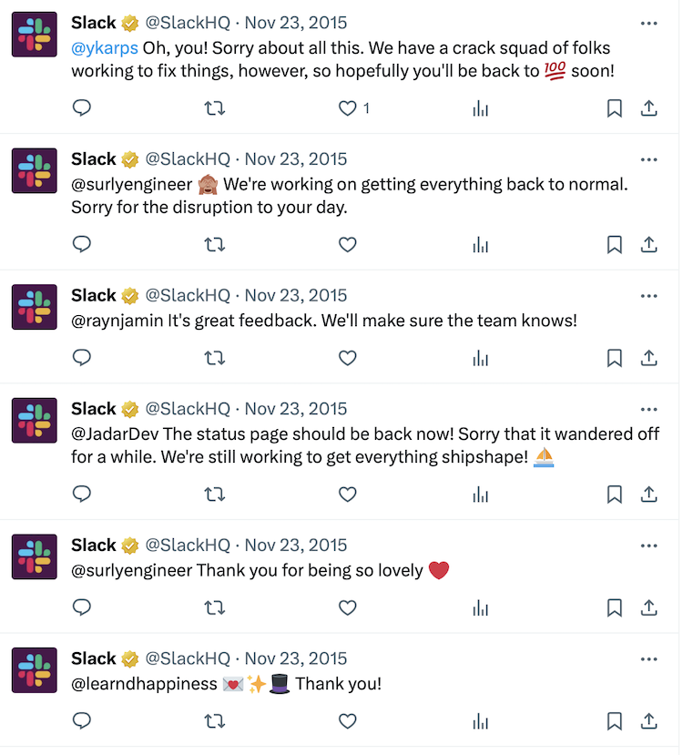 Tweets regarding Slack outage